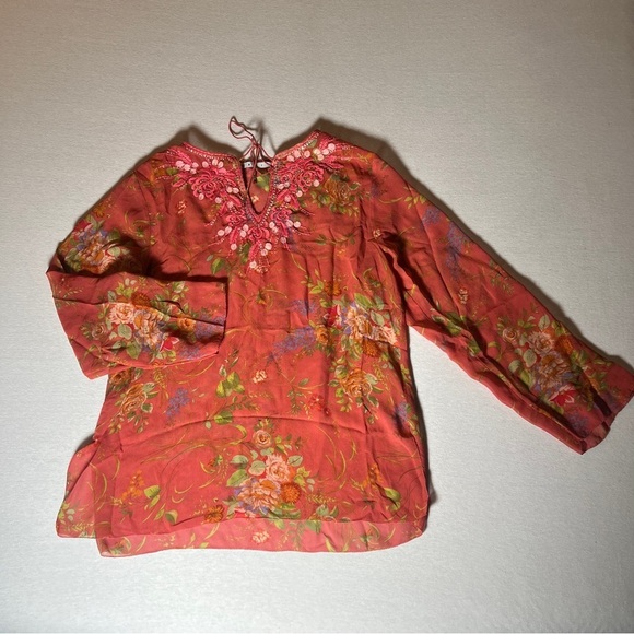 CAbi 100% Silk Large Sheer Pink Floral Long Sleeve Embroidered Rose Fairy Blouse - Picture 1 of 9